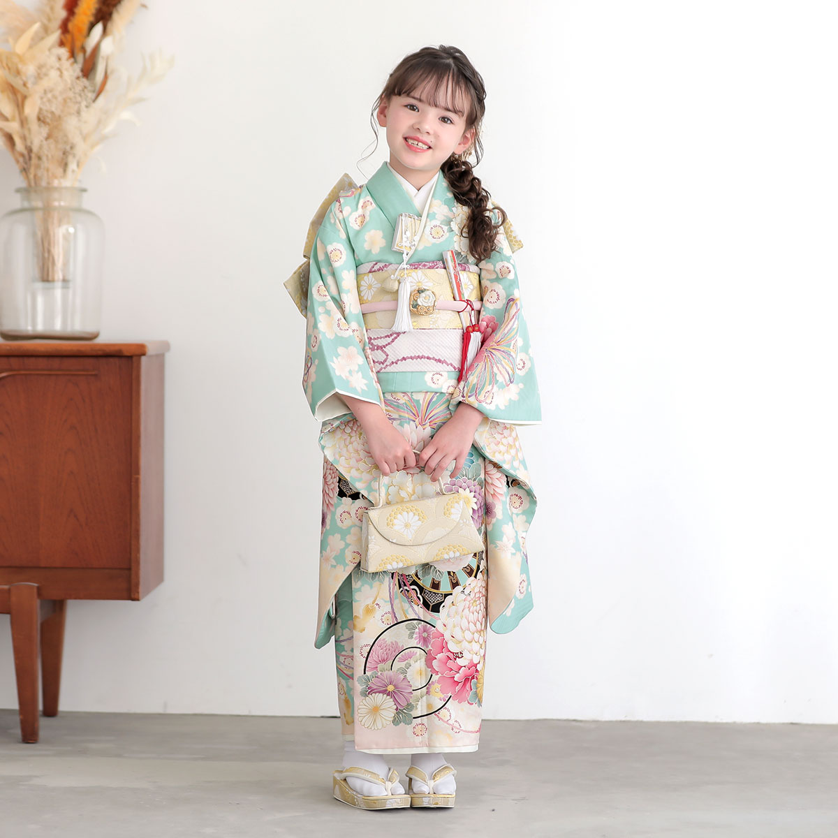 七五三七歳四つ身：N213 華徒然 水色 花車 | 七五三着物レンタル