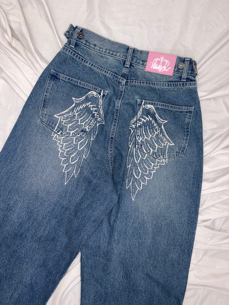 Feather logo Studs Buggy Denim Pants – YZ