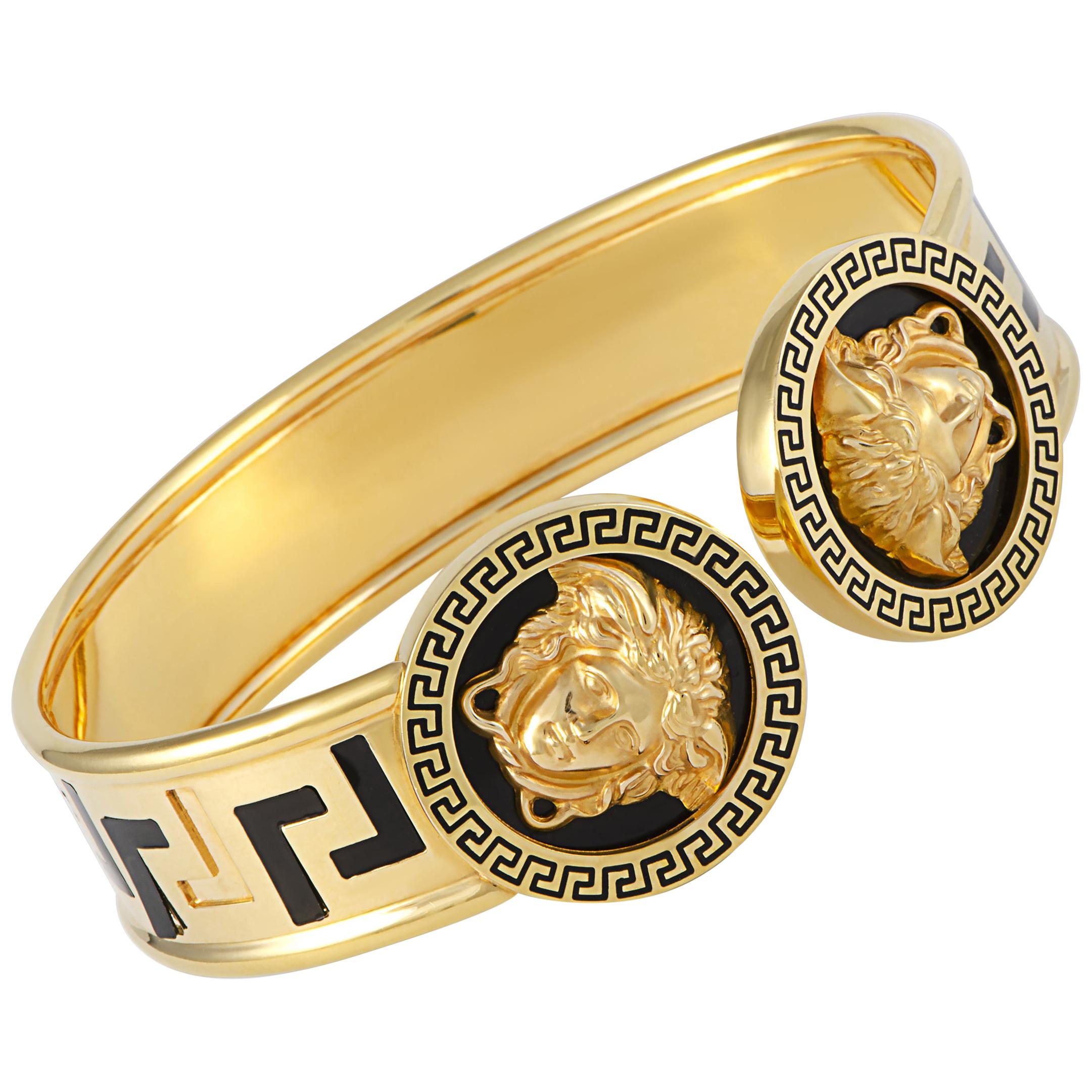 Versace 18 Karat Yellow Gold and Black Enamel Medusa Bracelet at