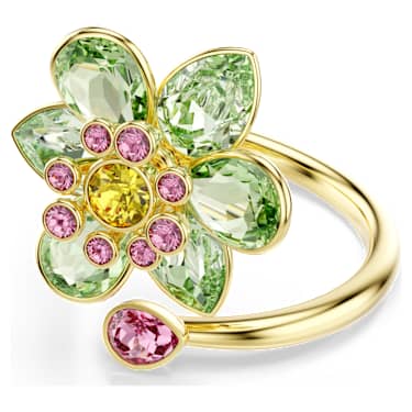 Idyllia open ring, Mixed cuts, Flower, Green, Gold-tone plated