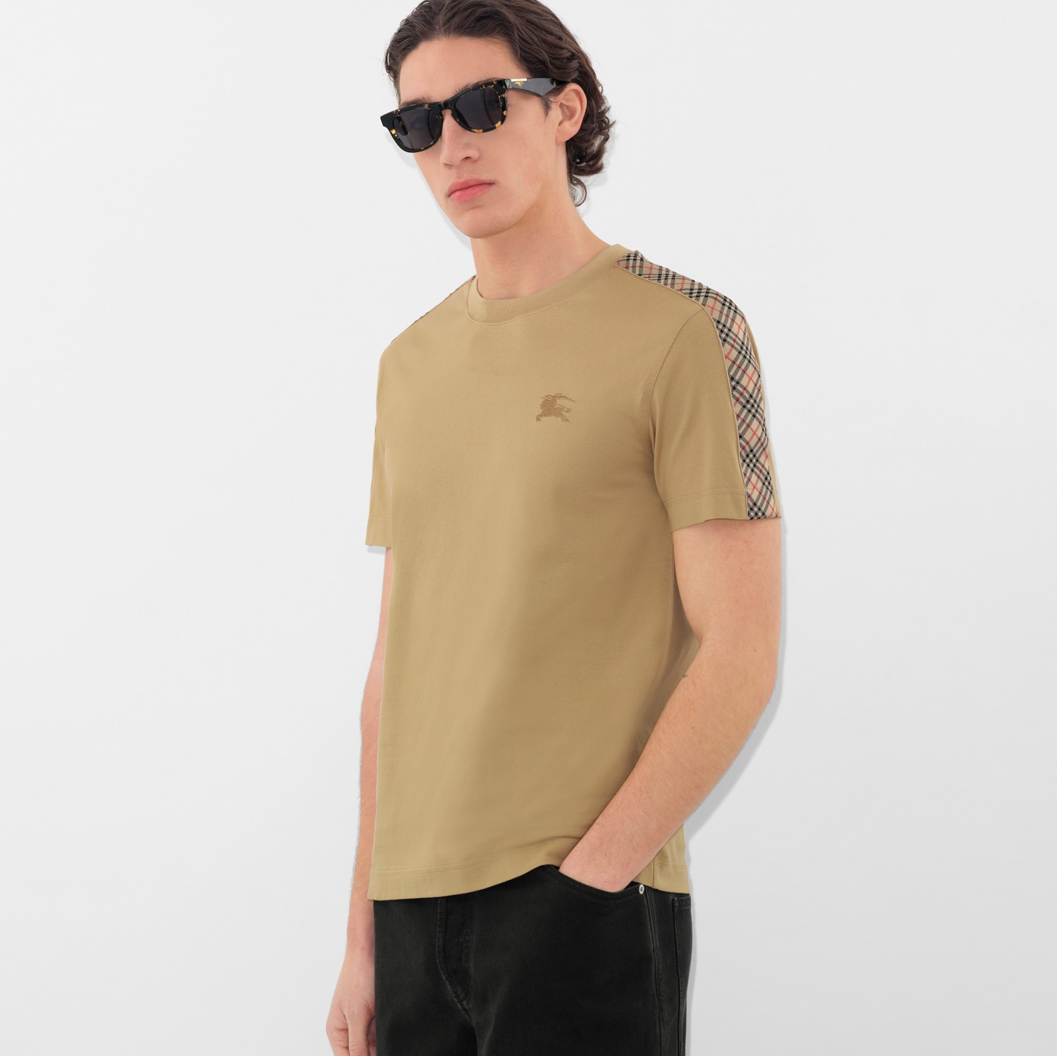 チェックトリム コットンTシャツ (フラックスベージュ) - メンズ