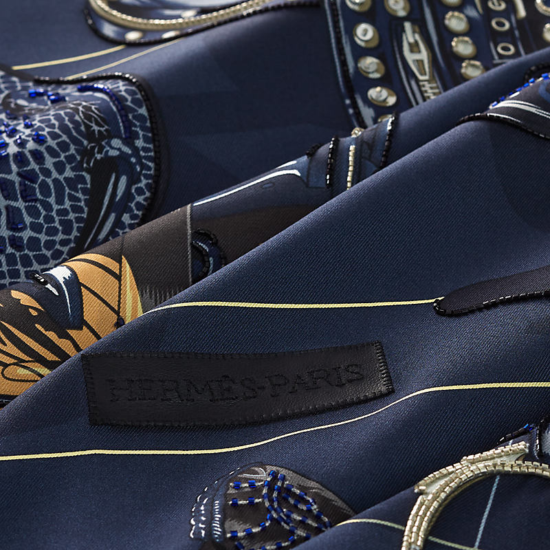 Tous en Selle embroidered scarf 90 - Blue | Hermès USA