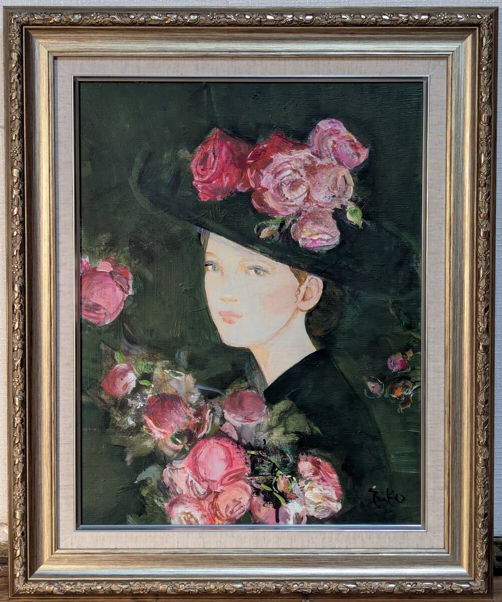 真作】中島裕子 油彩 SM号「ファンタジーの花々」額装 ポピー 薔薇