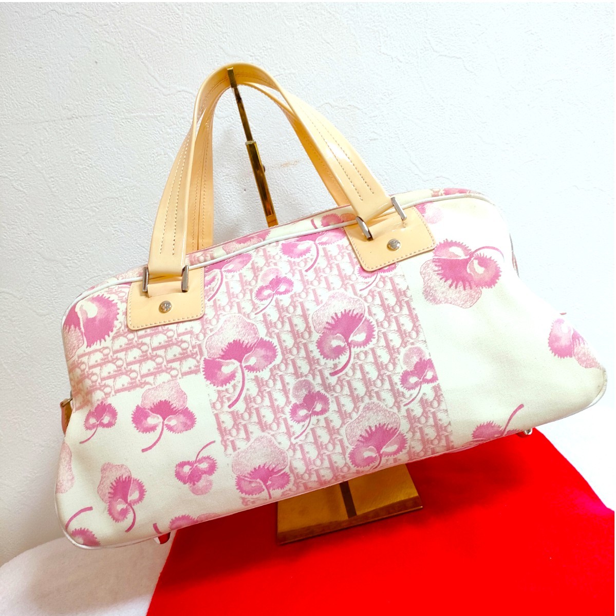 美品 希少 Dior 花柄 ピンク トロッター ハンドバッグ ディオール