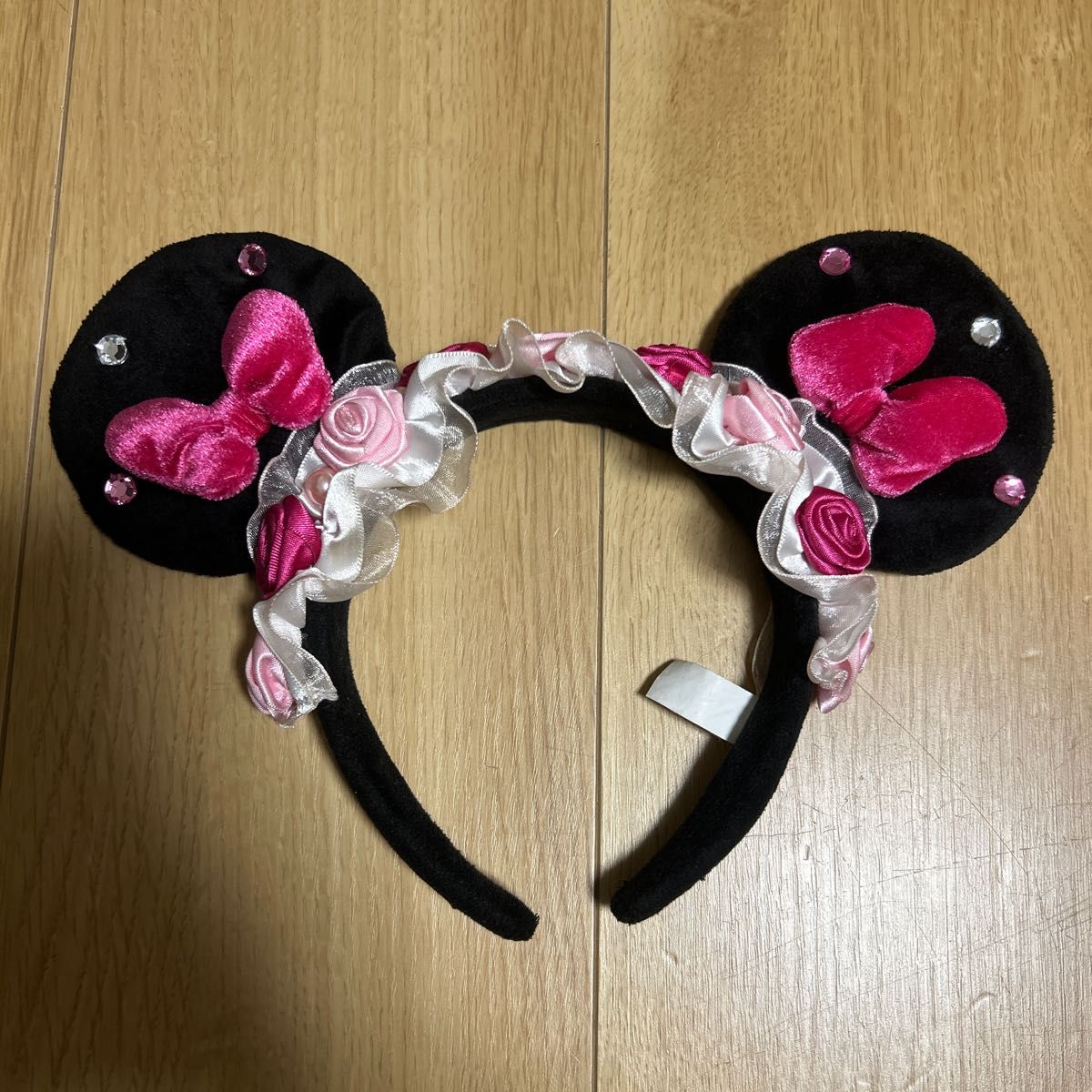 ディズニー ミニー カチューシャ ピンクリボン バラ 薔薇 レース レア