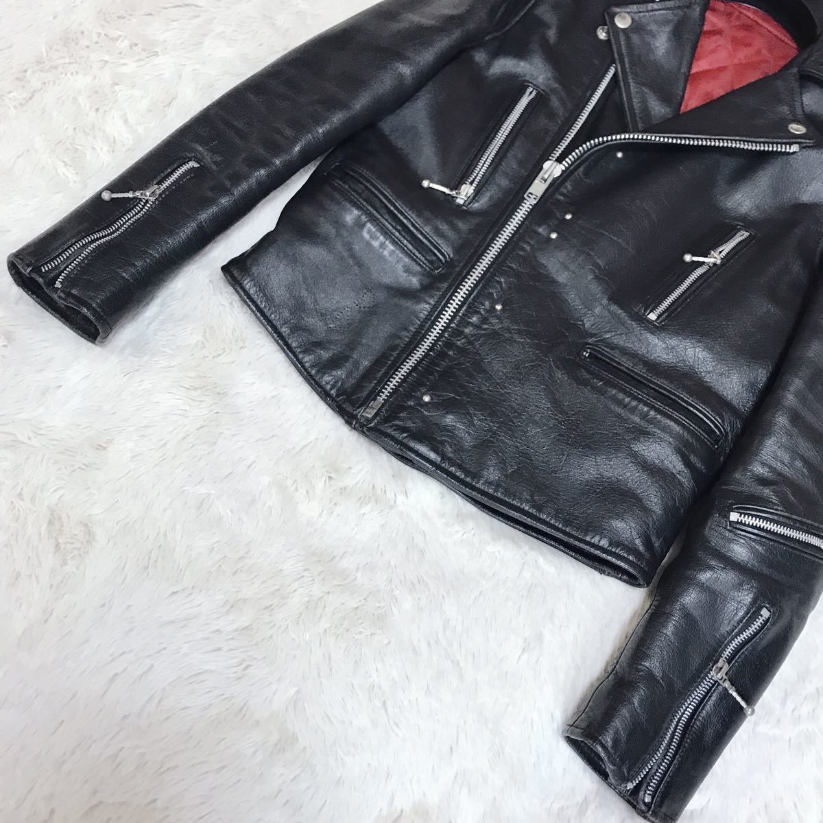 美品 本革 ダブルライダースジャケット レザージャケット 裏地 赤