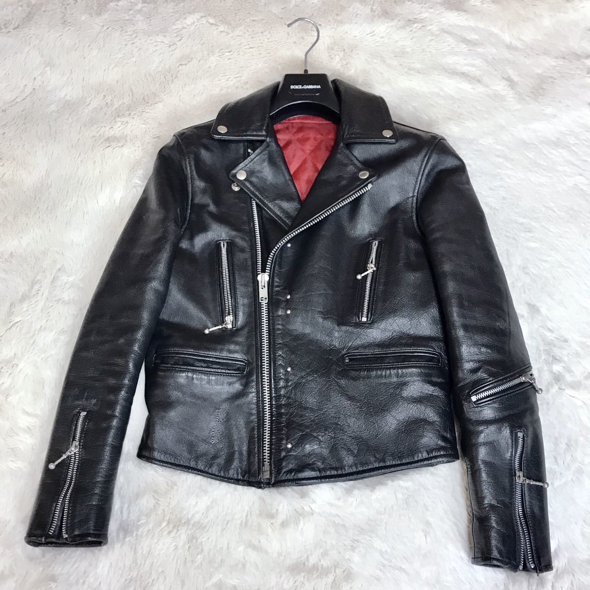 美品 本革 ダブルライダースジャケット レザージャケット 裏地 赤