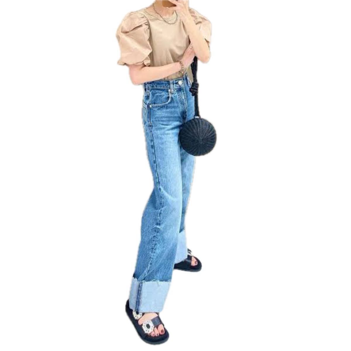 神デニム 高見え ZARA ザラ ワイドレッグデニムパンツ ロールアップ