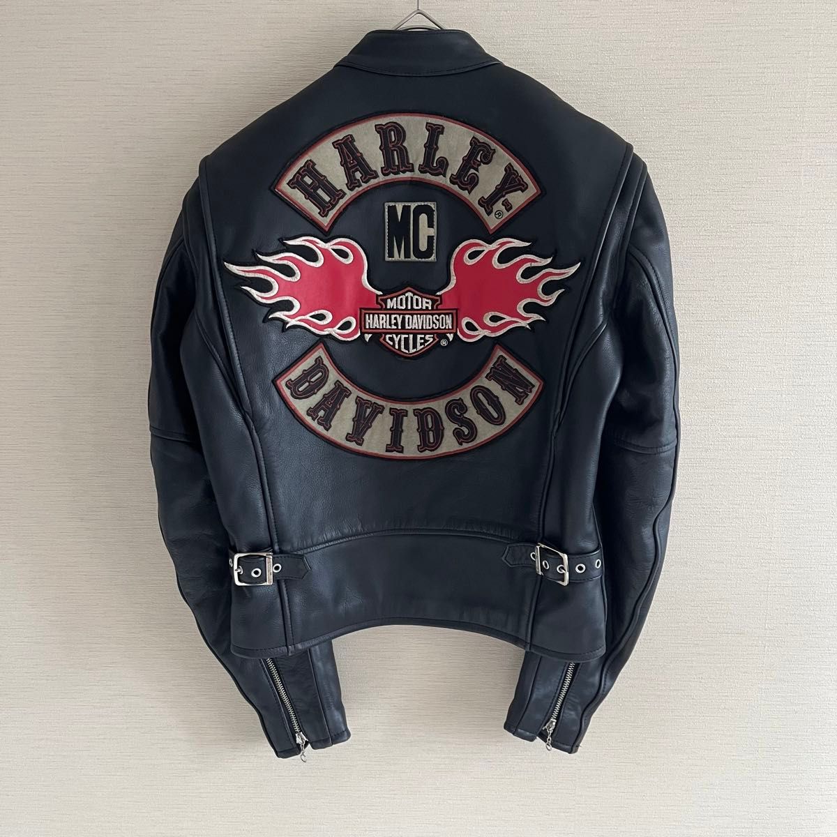 美品】HARLEY DAVIDSON レザーライダースジャケット ファイヤー 刺繍