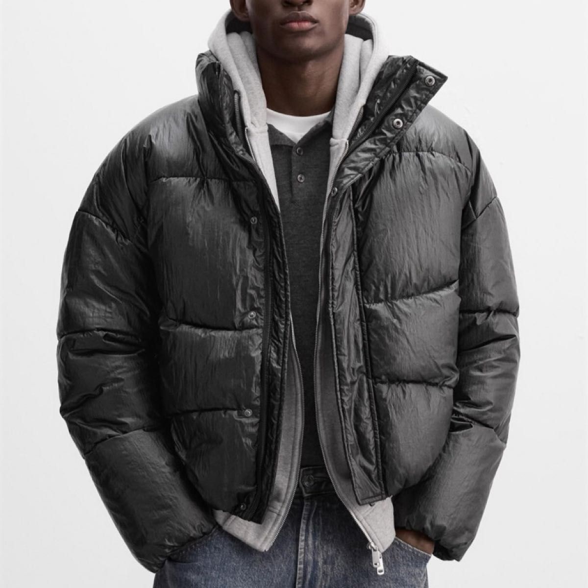 ZARA シャイニーパフジャケット Sサイズ ブラック ダウンジャケット