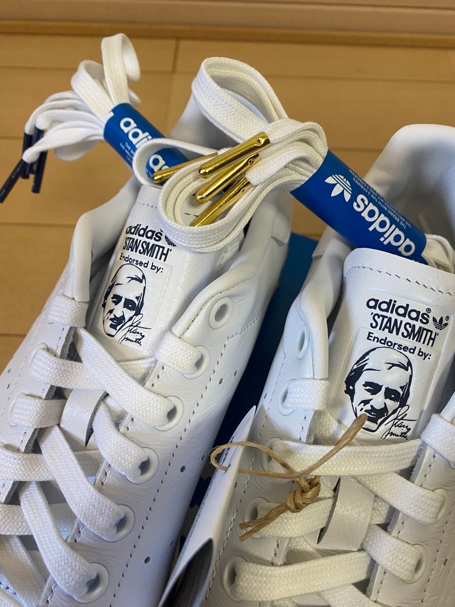 新品 本革 スタンスミス adidas 24 0 ホワイト/ネイビー 白 紺