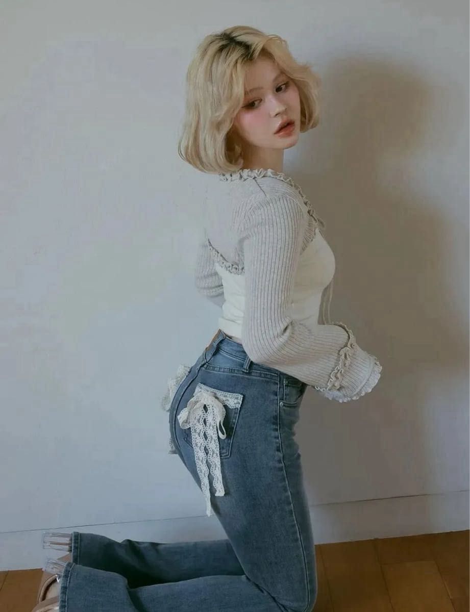 タグ付き未使用】Andmary Lacey ribbon denim アンドマリー レーシー