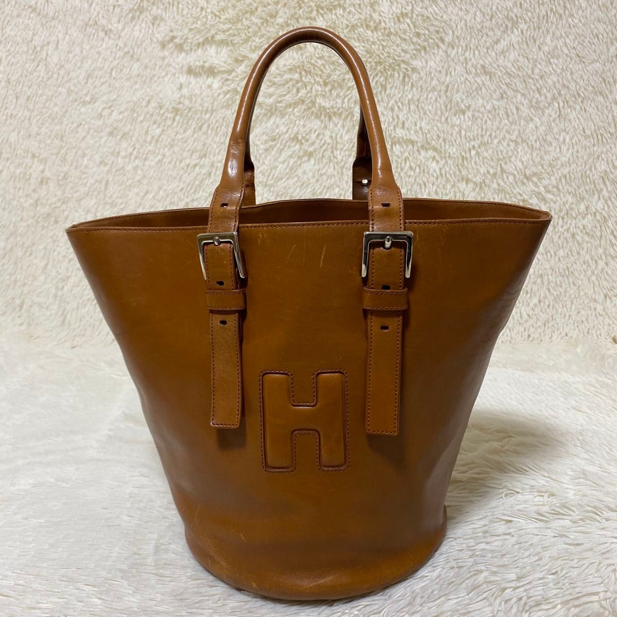 HIROFU ヒロフ ブラウン 本革レザー Hロゴ トートバッグ ハンドバッグ