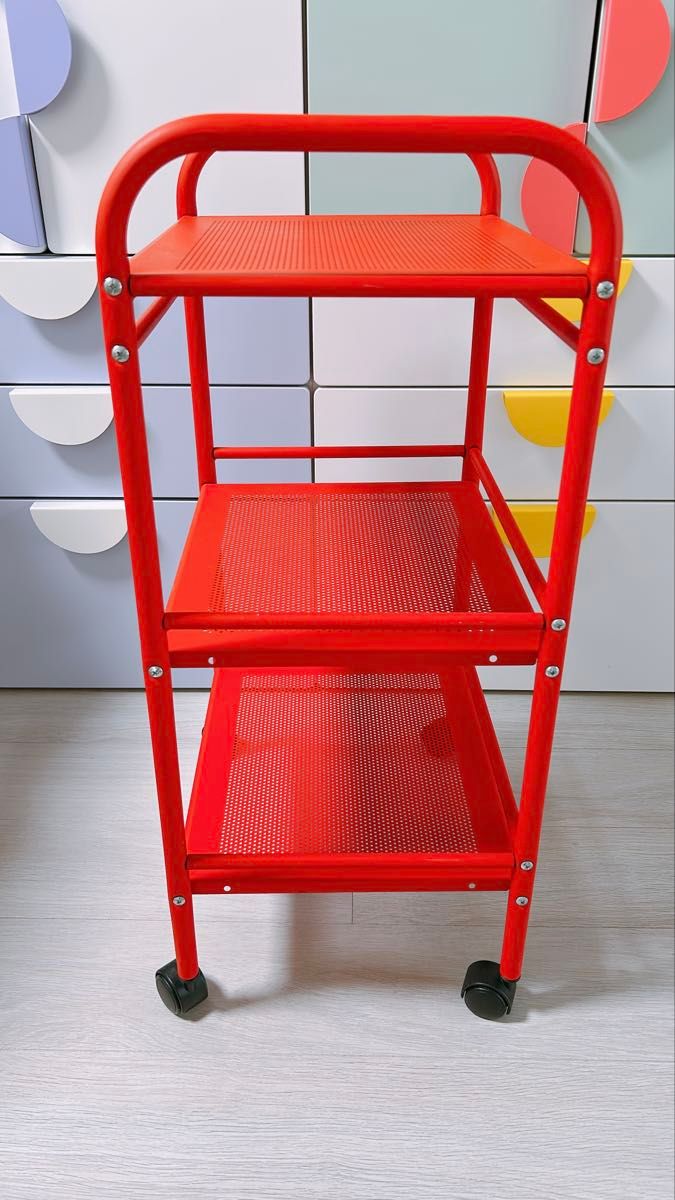廃盤色 IKEA 3段 ワゴン キャスター付き 赤 レッド DRAGGAN スチール製