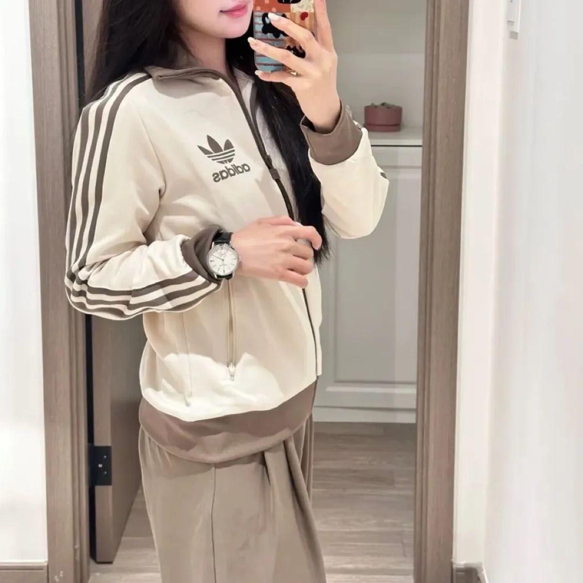 新品女性2XL 80s復刻adidasトラックジャケット ベージュ×モカブラウン