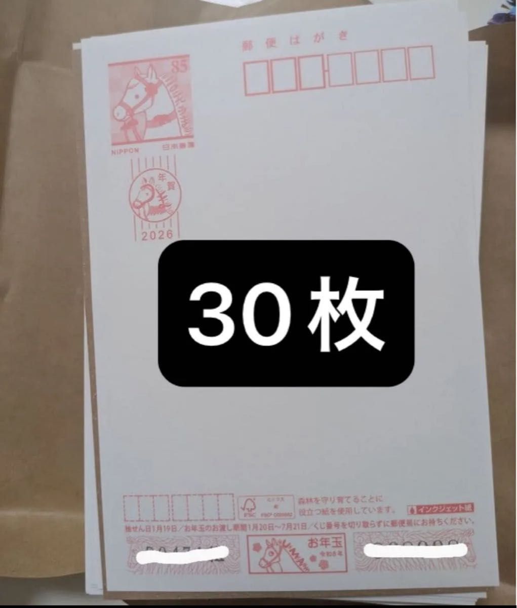 再出品可 30枚 2026年年賀状 無地 年賀はがき インクジェット 送料無料