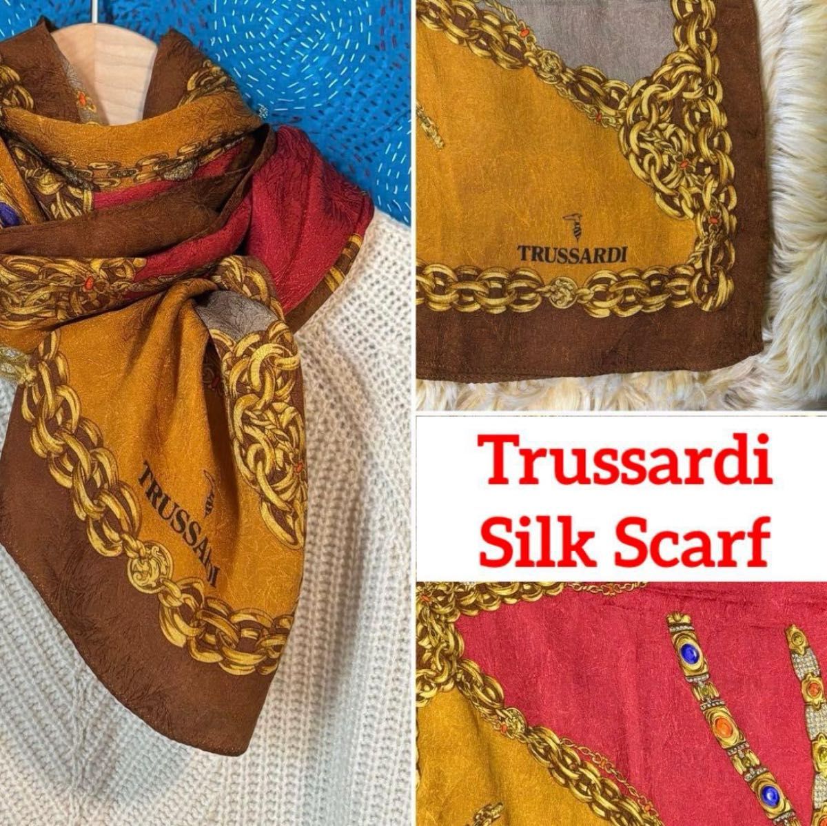 Trussardi トラサルディ ジュエリー×チェーン柄ブラウンシルクスカーフ
