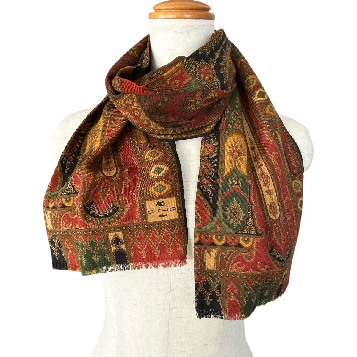 ETRO エトロ ペイズリー柄 大判スカーフ ストール ウール ブラウン系