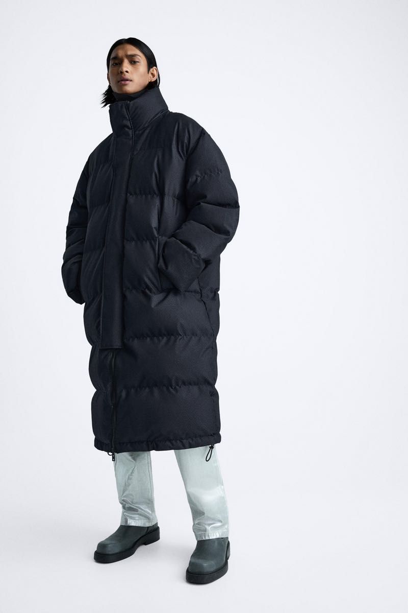ZARA ロング ダウン ジャケット ネイビー ジャカード 新品未使用 L