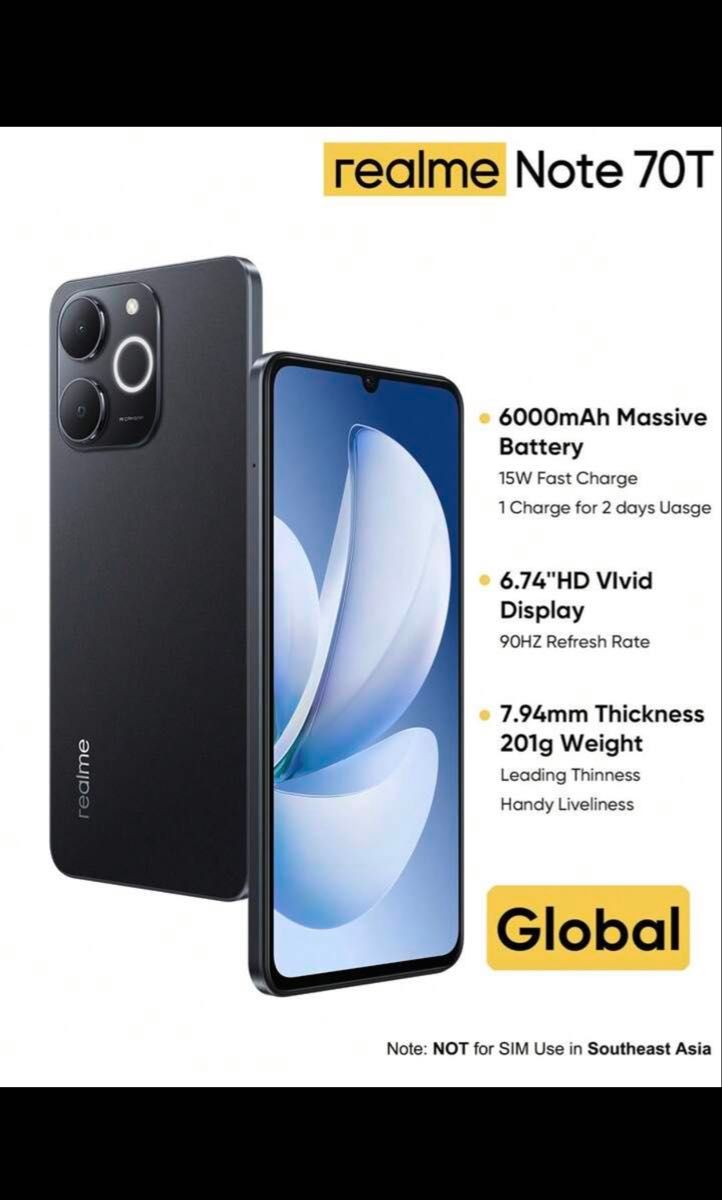 realme Note 70T Global Version 6000mAhバッテリー ブラック 4GB+