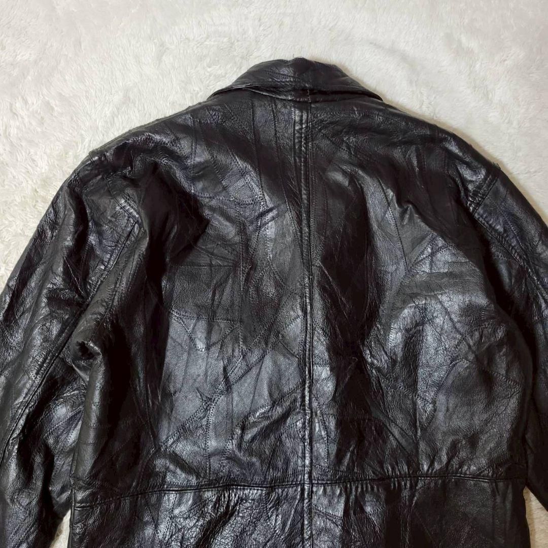 希少 レザー ダブルチェスターコート ロング ブラック パッチワーク L