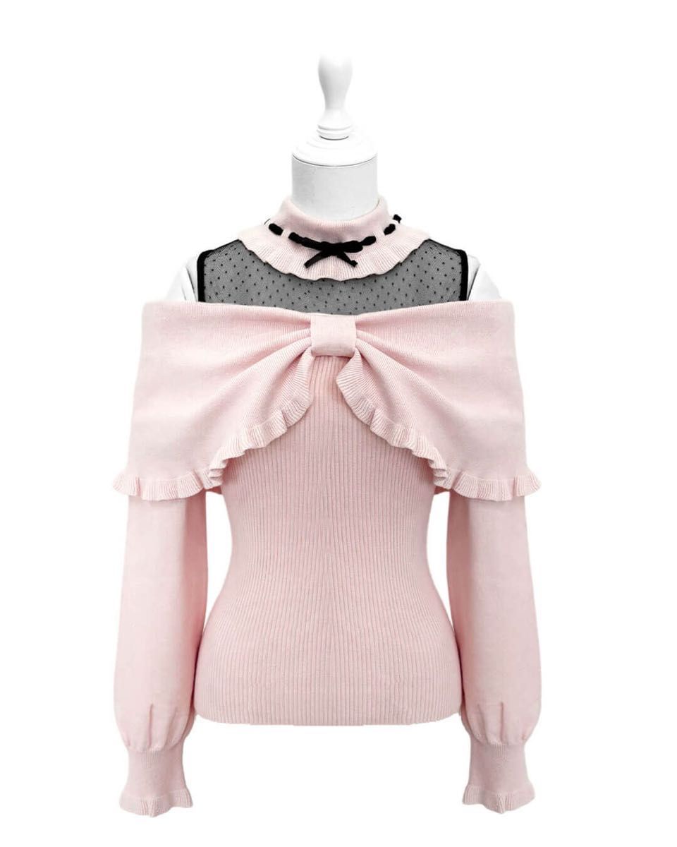 新品 HONEYMEW ドットチュール肩あきリボントップス ピンク XSサイズ
