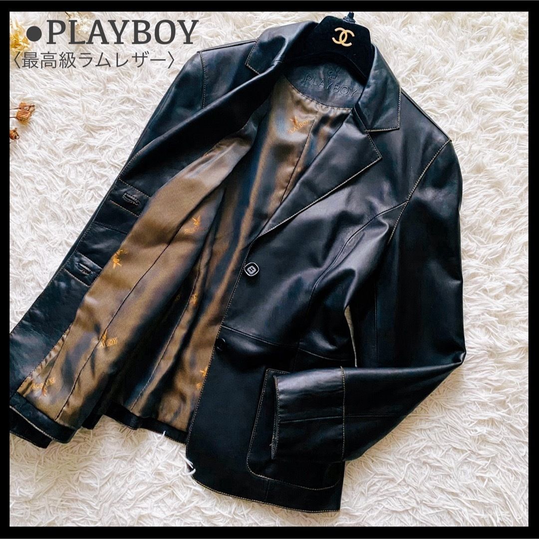 極美品 PLAY BOY プレイボーイ 最高級ラムレザー 羊革 ロゴ裏地