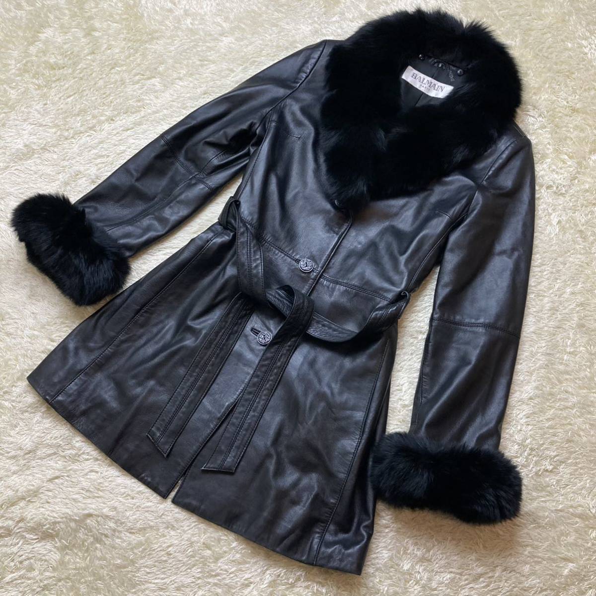 BALMAIN バルマン レザー コート フォックスファー 羊革 ラムレザー