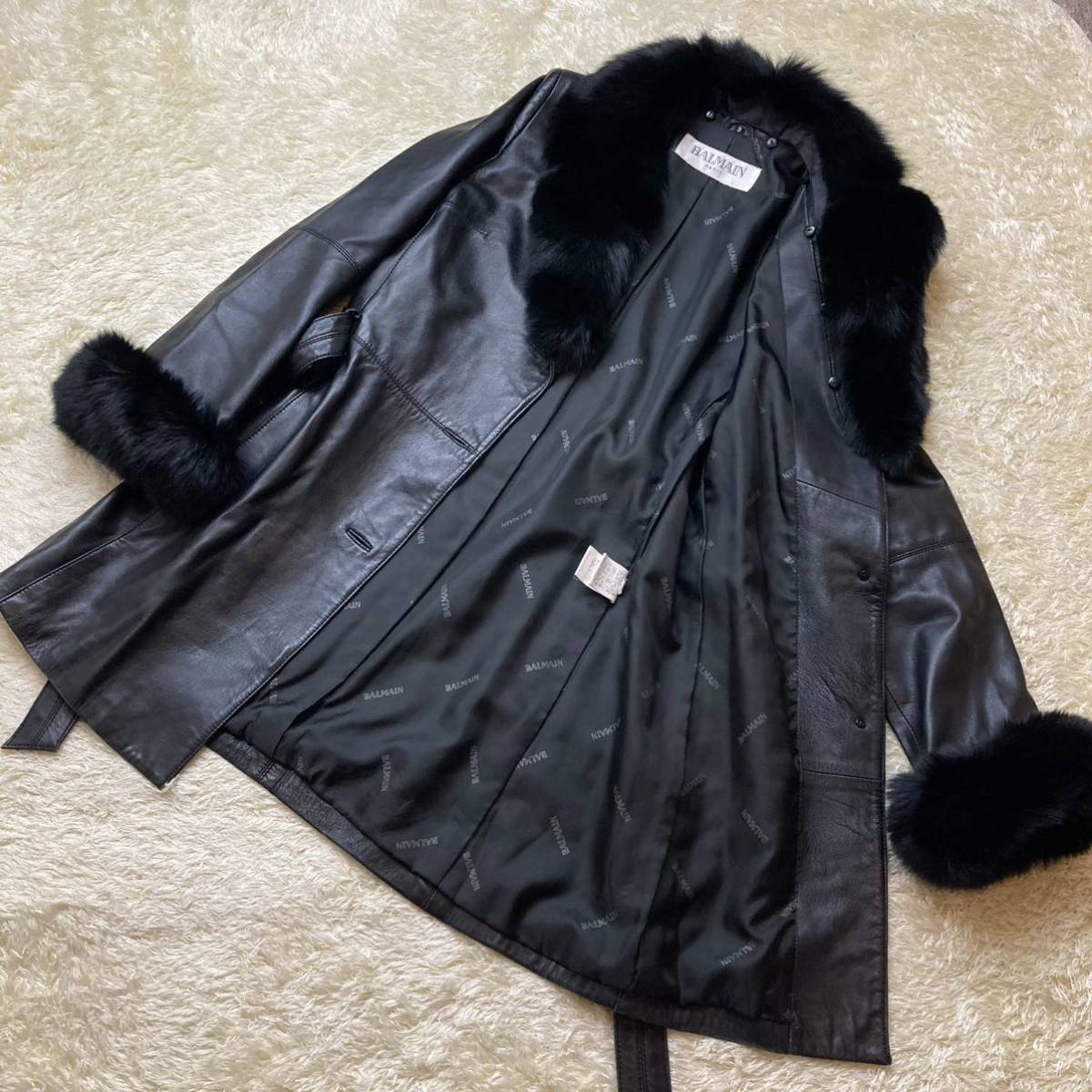BALMAIN バルマン レザー コート フォックスファー 羊革 ラムレザー