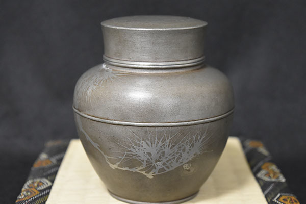 煎茶道具 古錫 鮎銅銘 透かし喜字文 木瓜式 茶托 五客 D R8421 煎茶