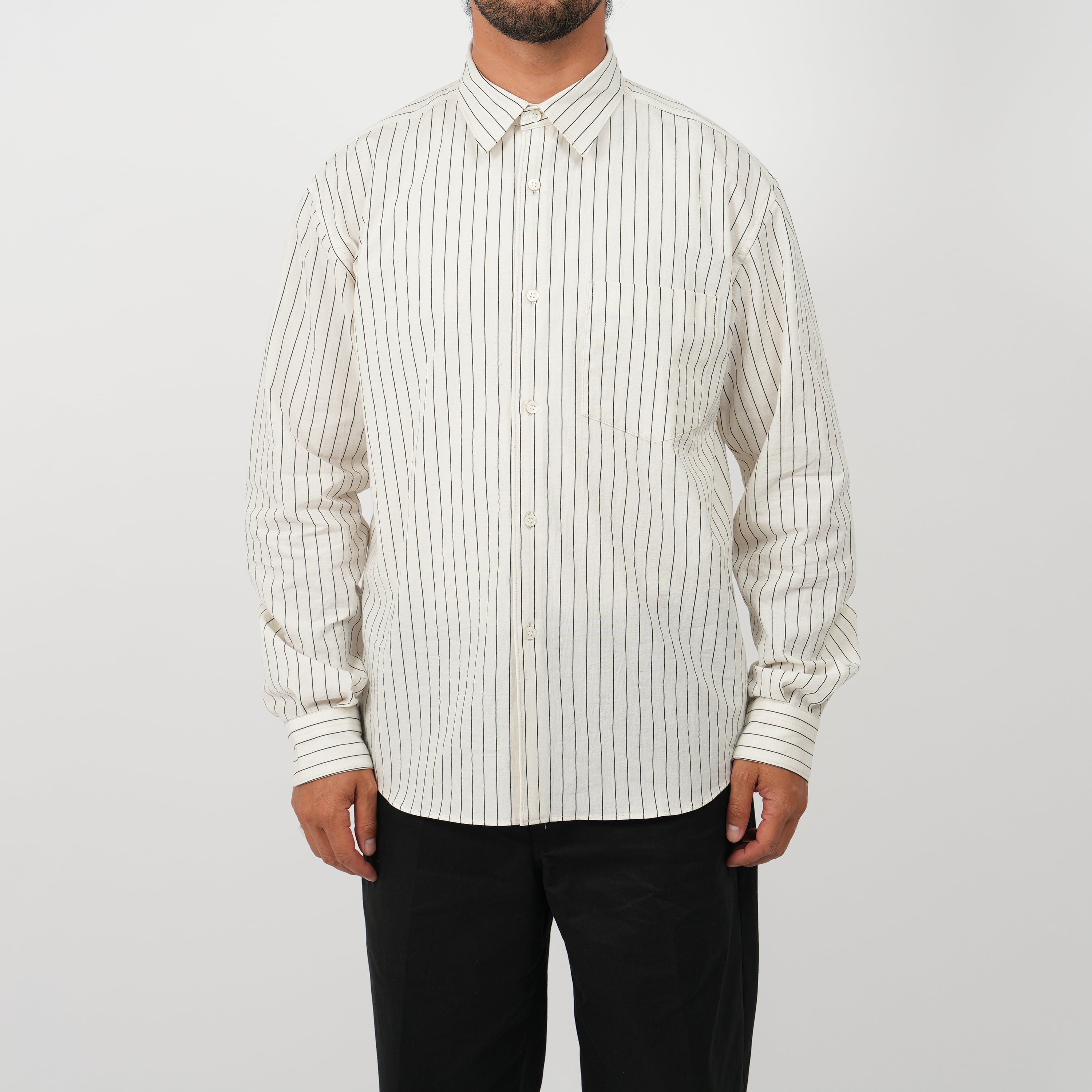 Cotton Linen Stripe Relax Shirts (white) | OVY