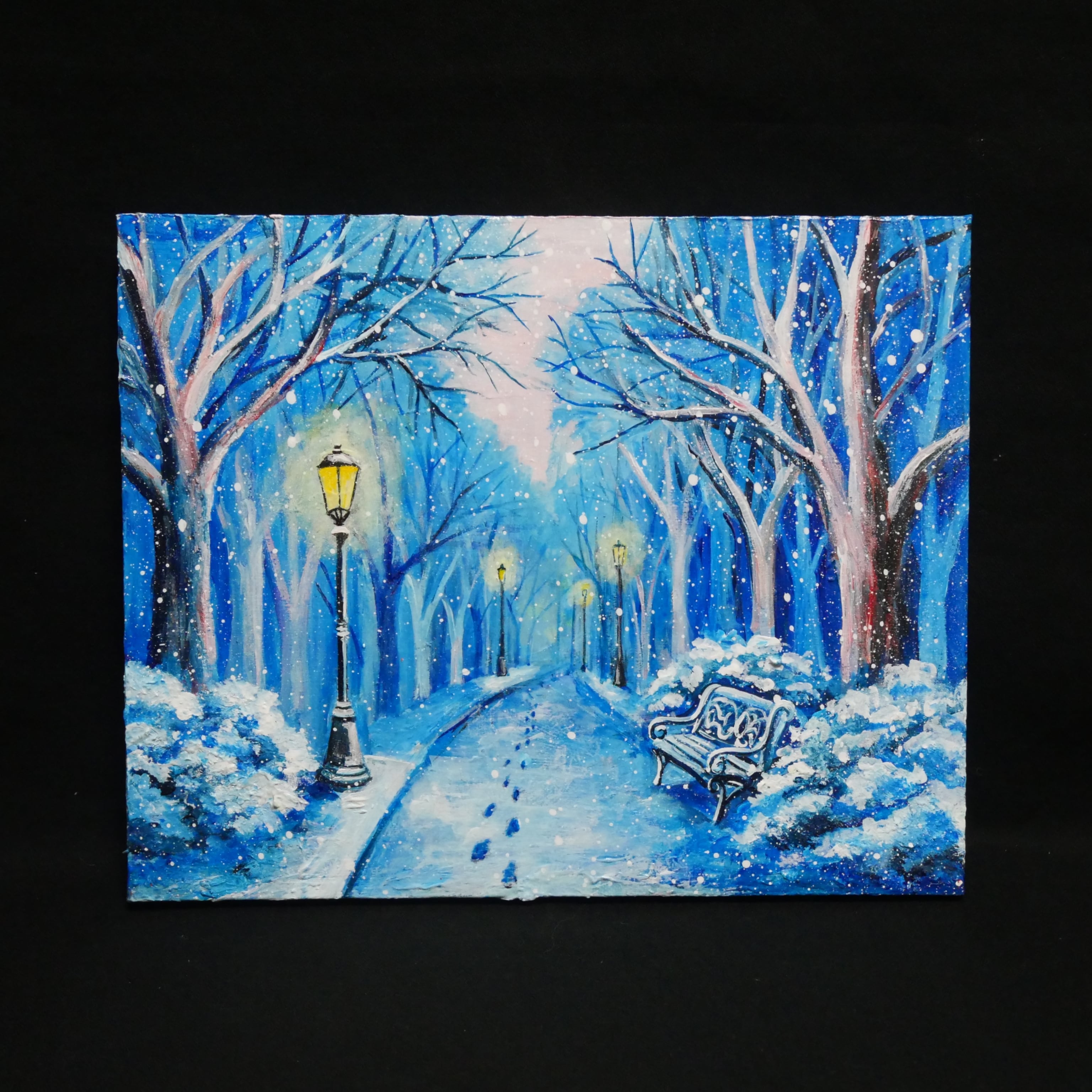 油絵 原画 雪景色 冬景色 幻想的 青 絵画 F3「雪降る幻想」 | HIROSHI1990