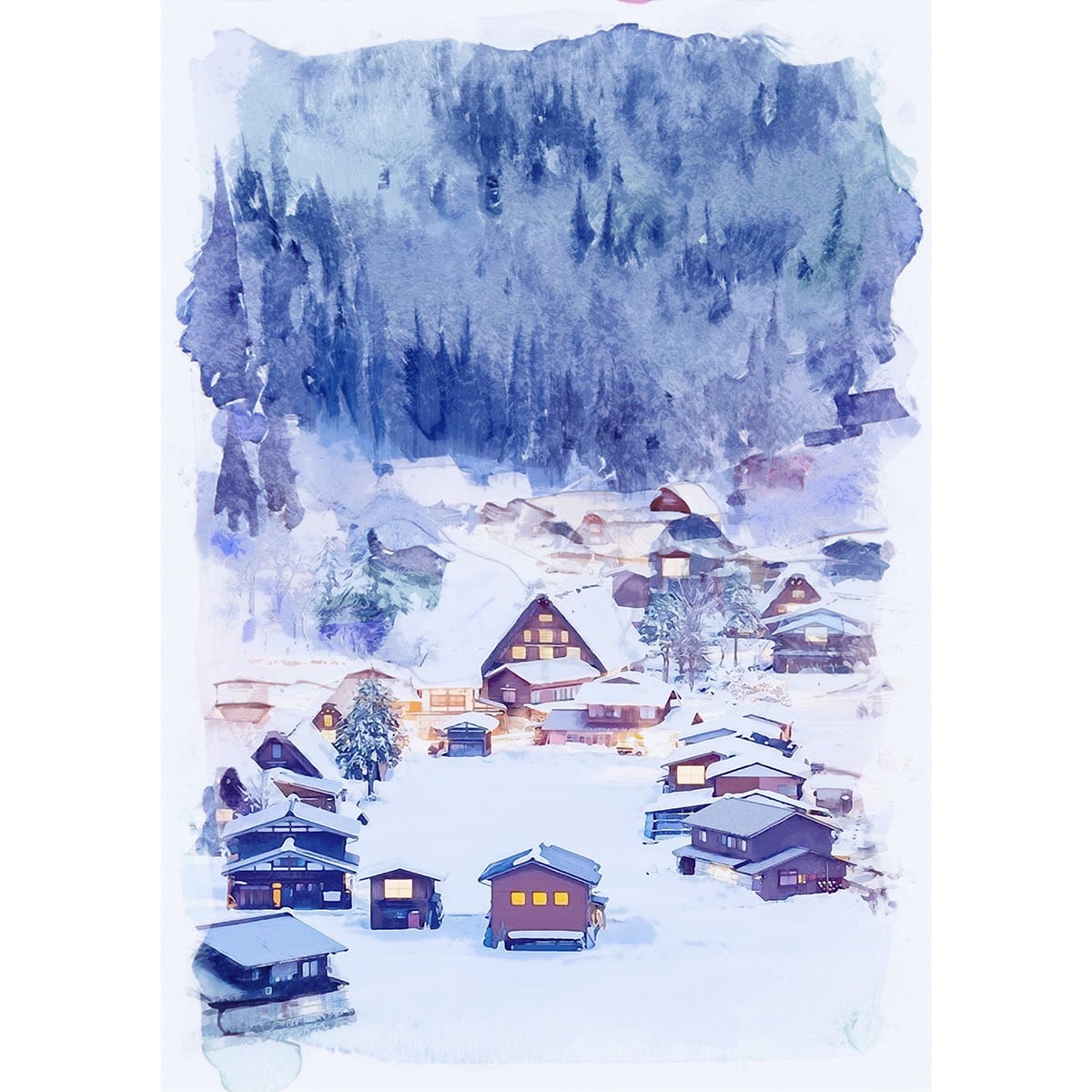 絵画(風景画) 日本の冬 雪の白川郷 インテリアアート額付き 水彩画