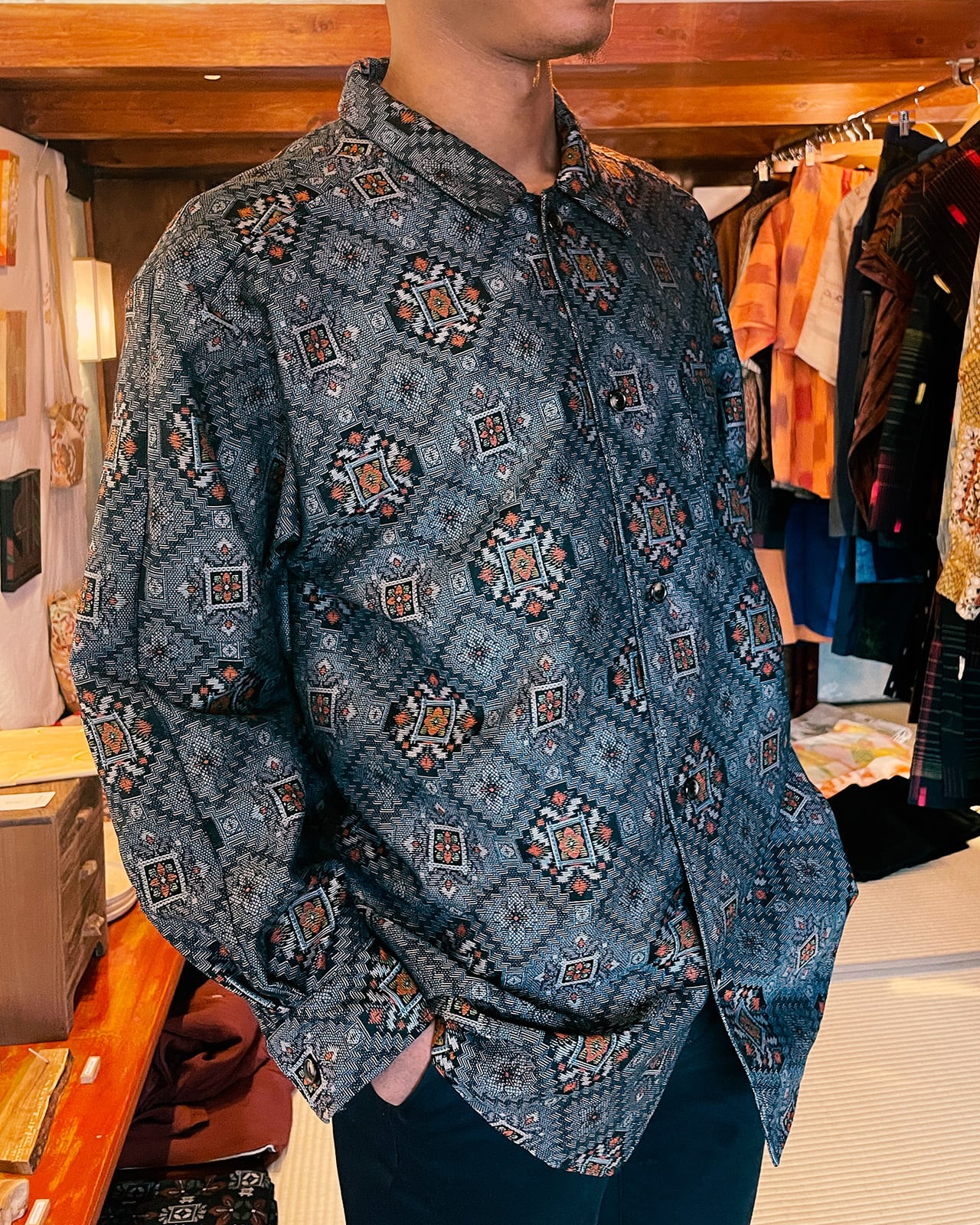 Oshimatsumugi open collar shirts / hk.m-s.2402 / 大島紬 オープン