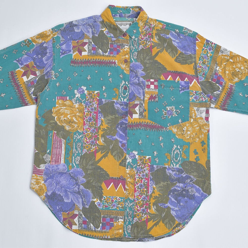 90s ANDREW SPORTS ボタニカルパターン コットン 総柄シャツ
