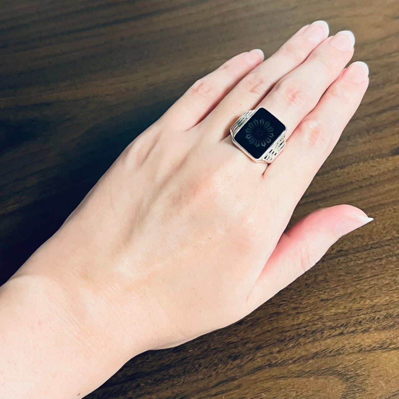 OLD TIFFANY & CO. Black Onyx Daisy Signet Ring Sterling Silver