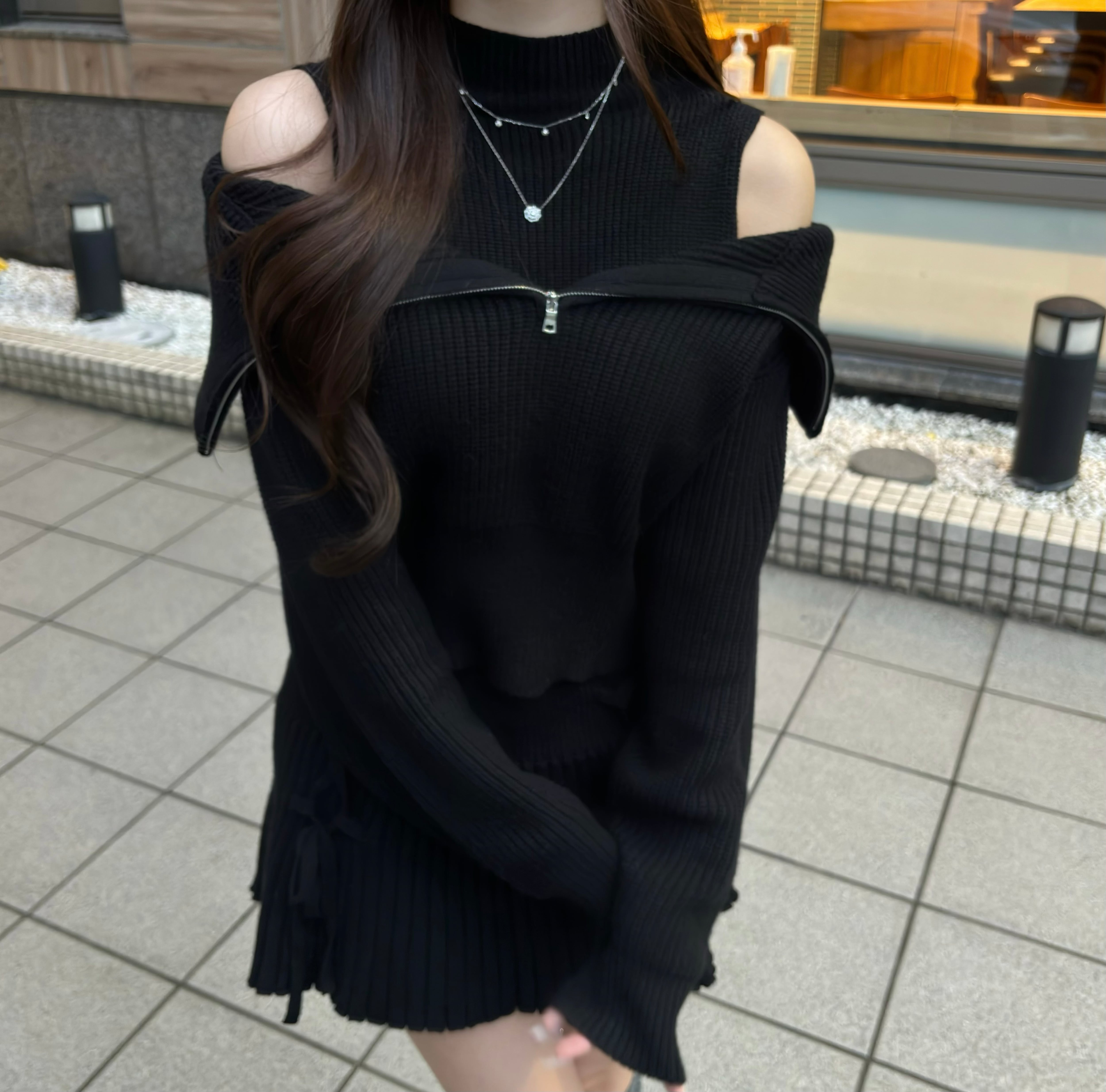 Lumignon original ♥ off shoulder zipper knit ribbon skirt set up