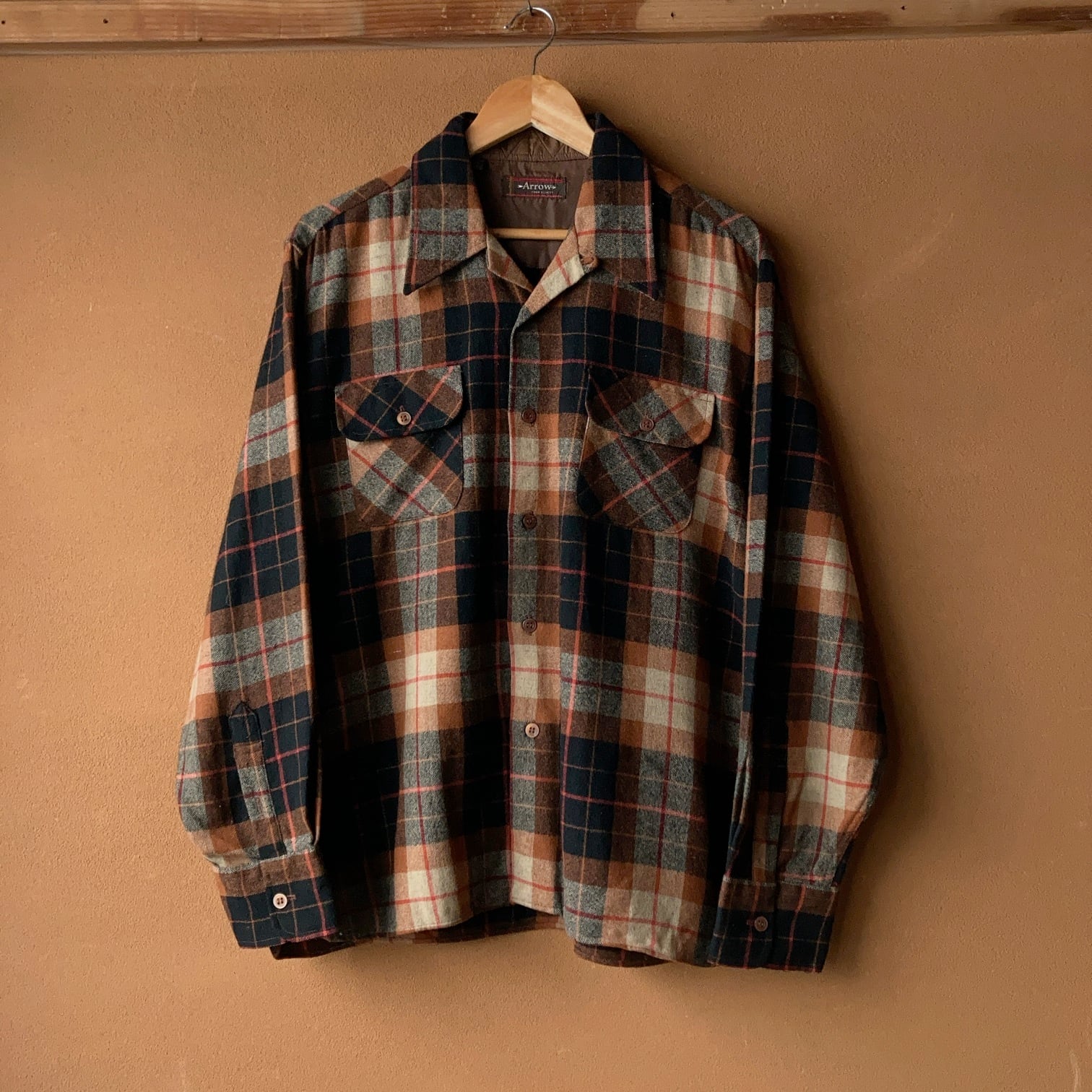 80's ARROW オープンカラー ウールチェックシャツ ボックス BROWN