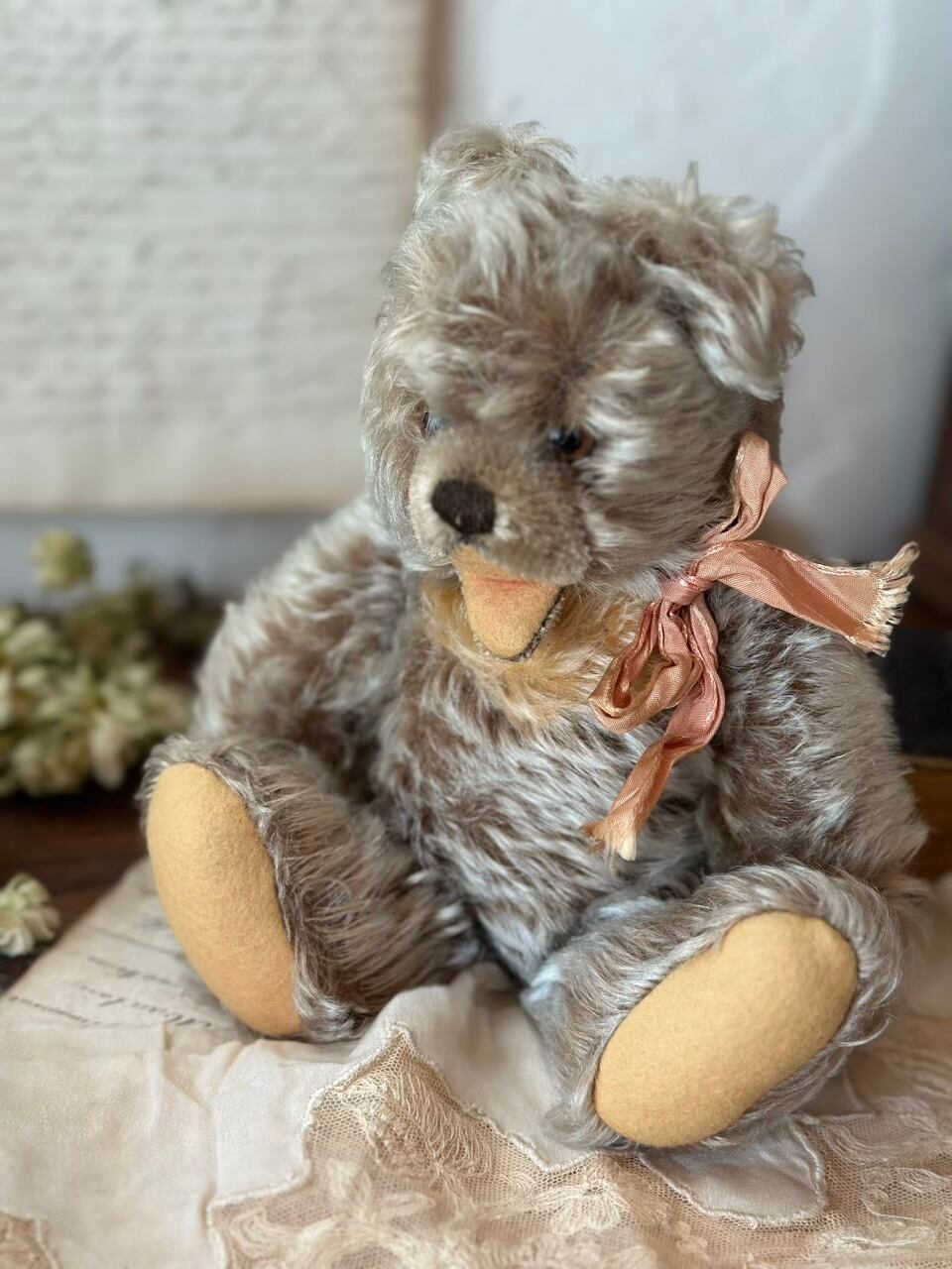 ピンクリボンのオープンマウスベア くま ぬいぐるみ | Brocante de La