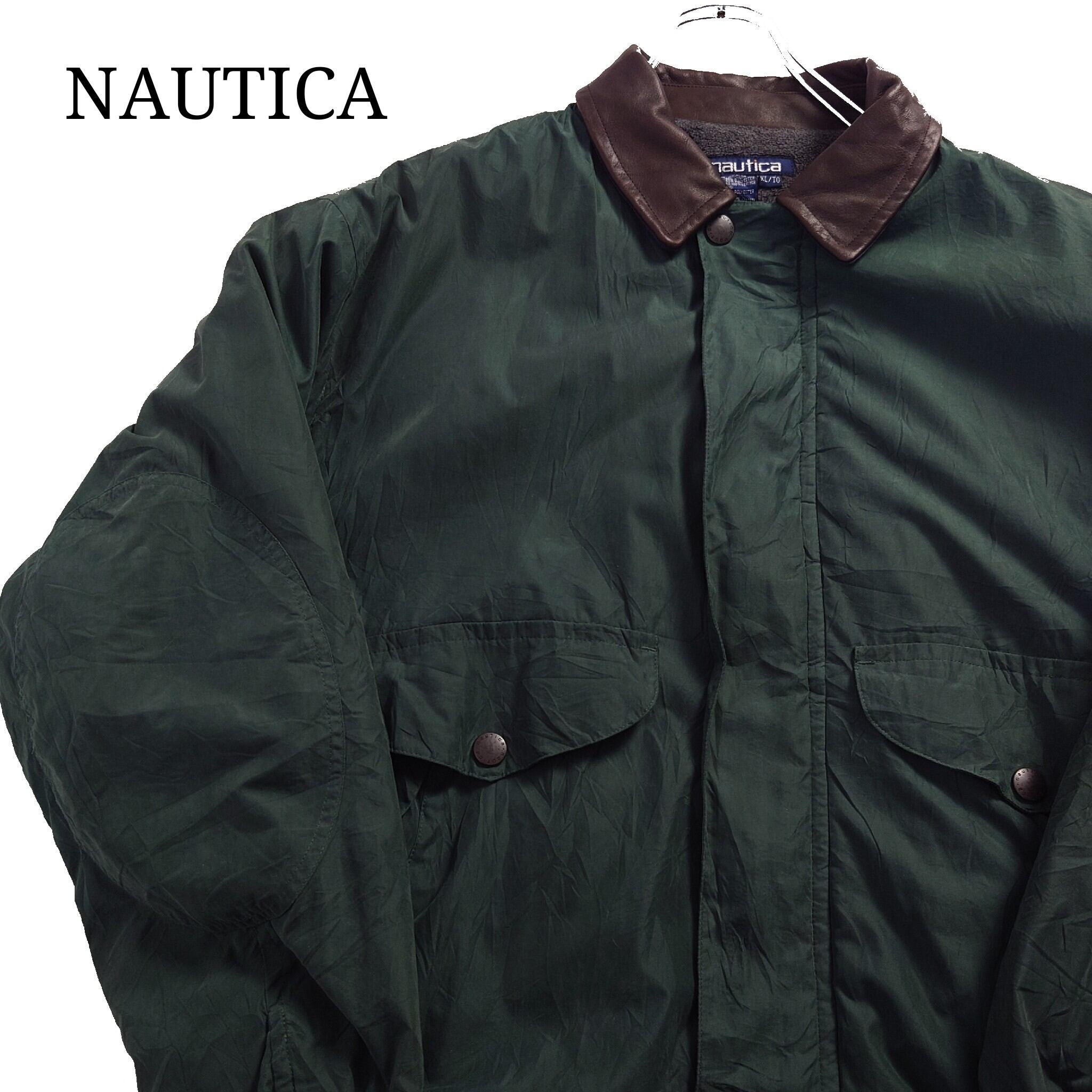 旧タグ・90s】NAUTICA ノーティカ ブルゾンジャケット レザー襟 緑