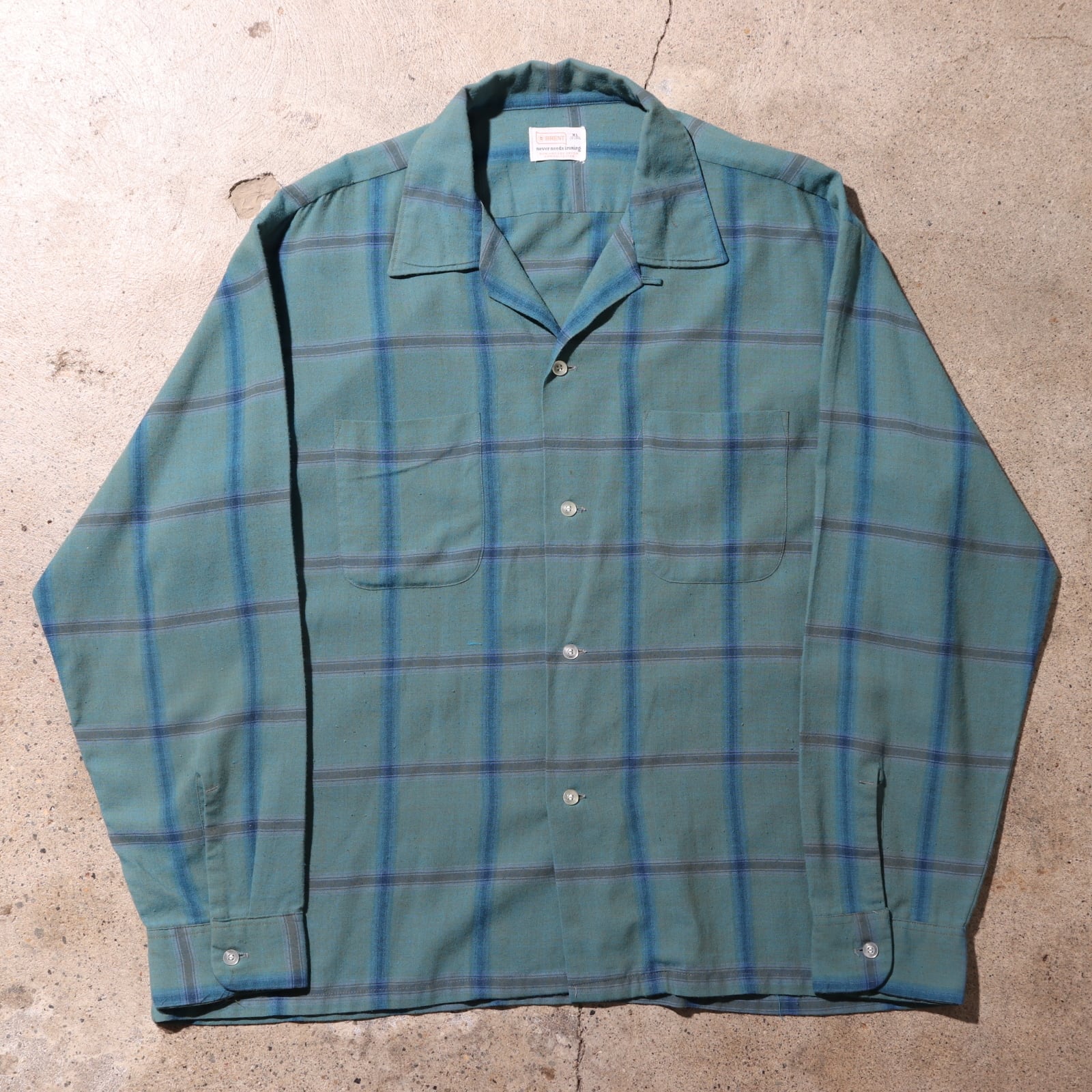 美品 XL 60s 70s BRENT 水色 レーヨン混 チェックシャツ 長袖 vintage
