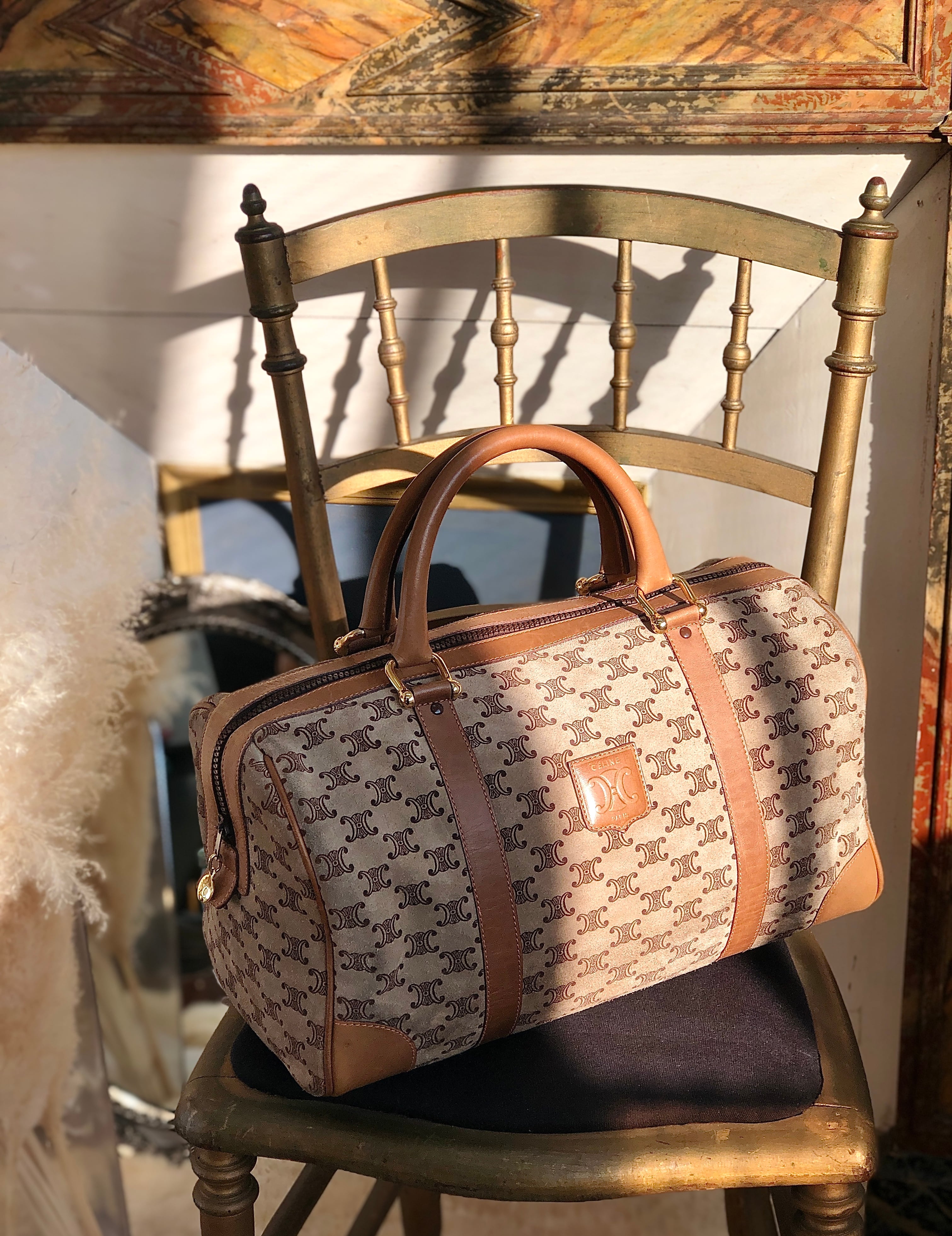 CELINE セリーヌ ブラゾン型押し スエード ボストンバッグ ベージュ