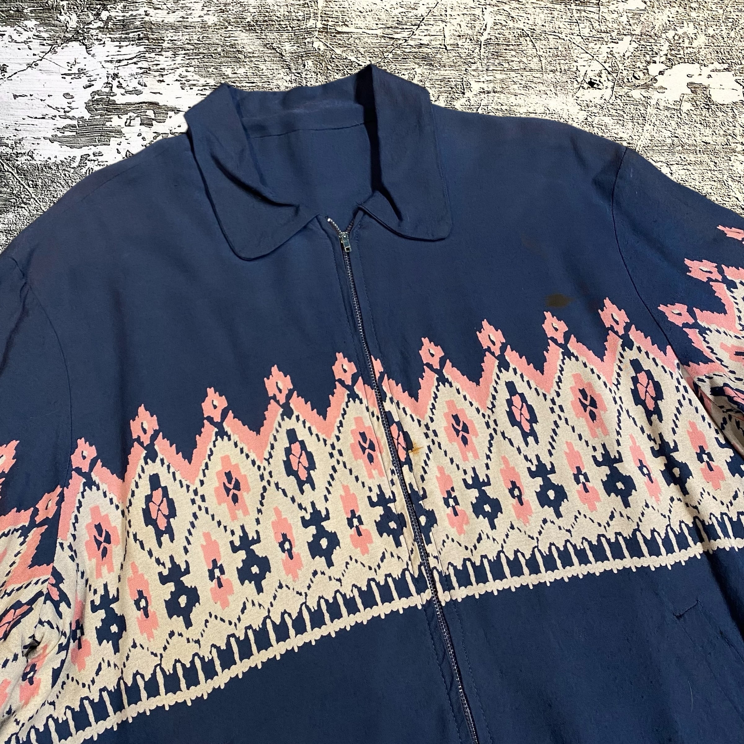 サイズ良 50s 60s 70s Snow Flake Gabardine Jacket 雪柄 レーヨン
