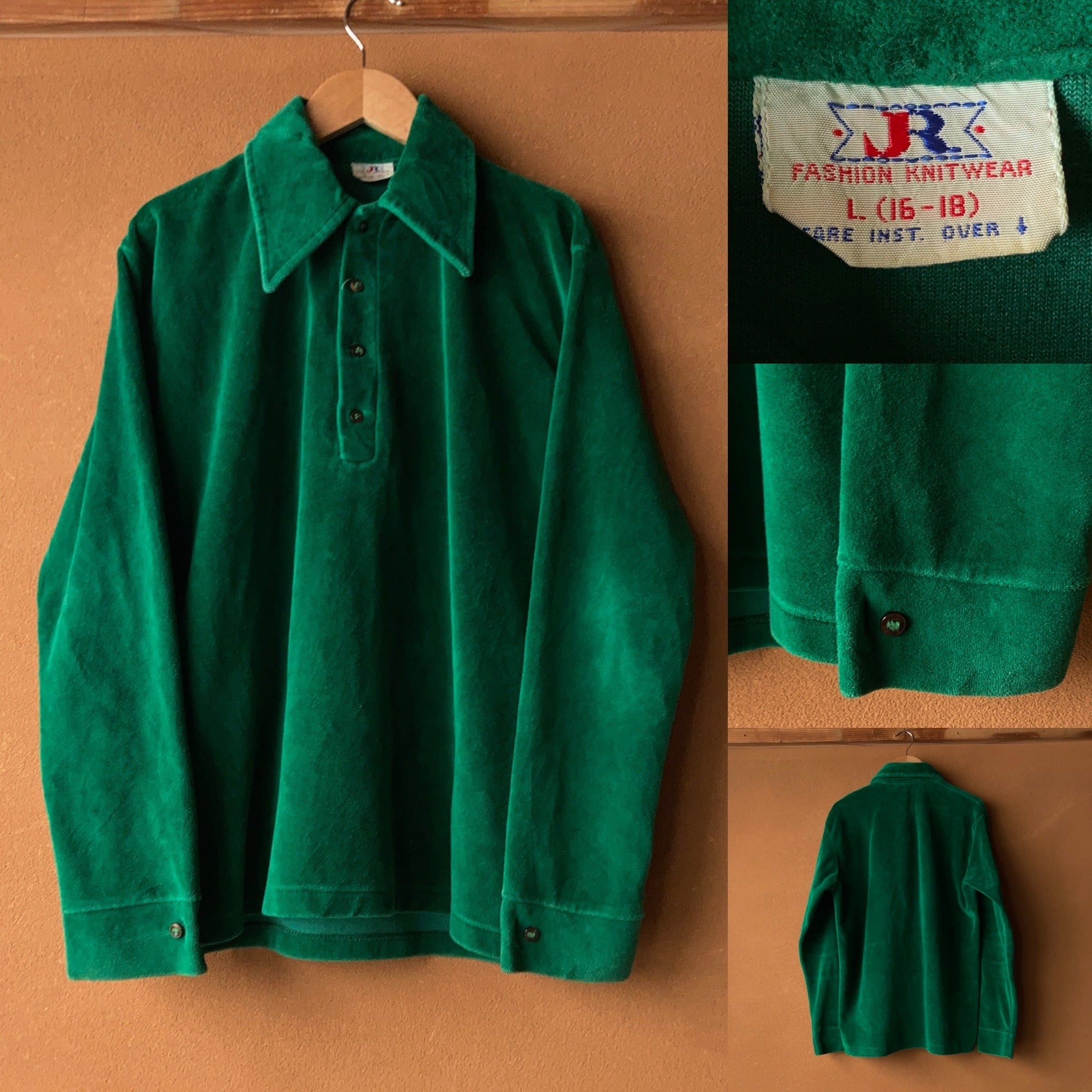 1970's ベロアプルオーバーシャツ グリーン SIZE L【0304A118