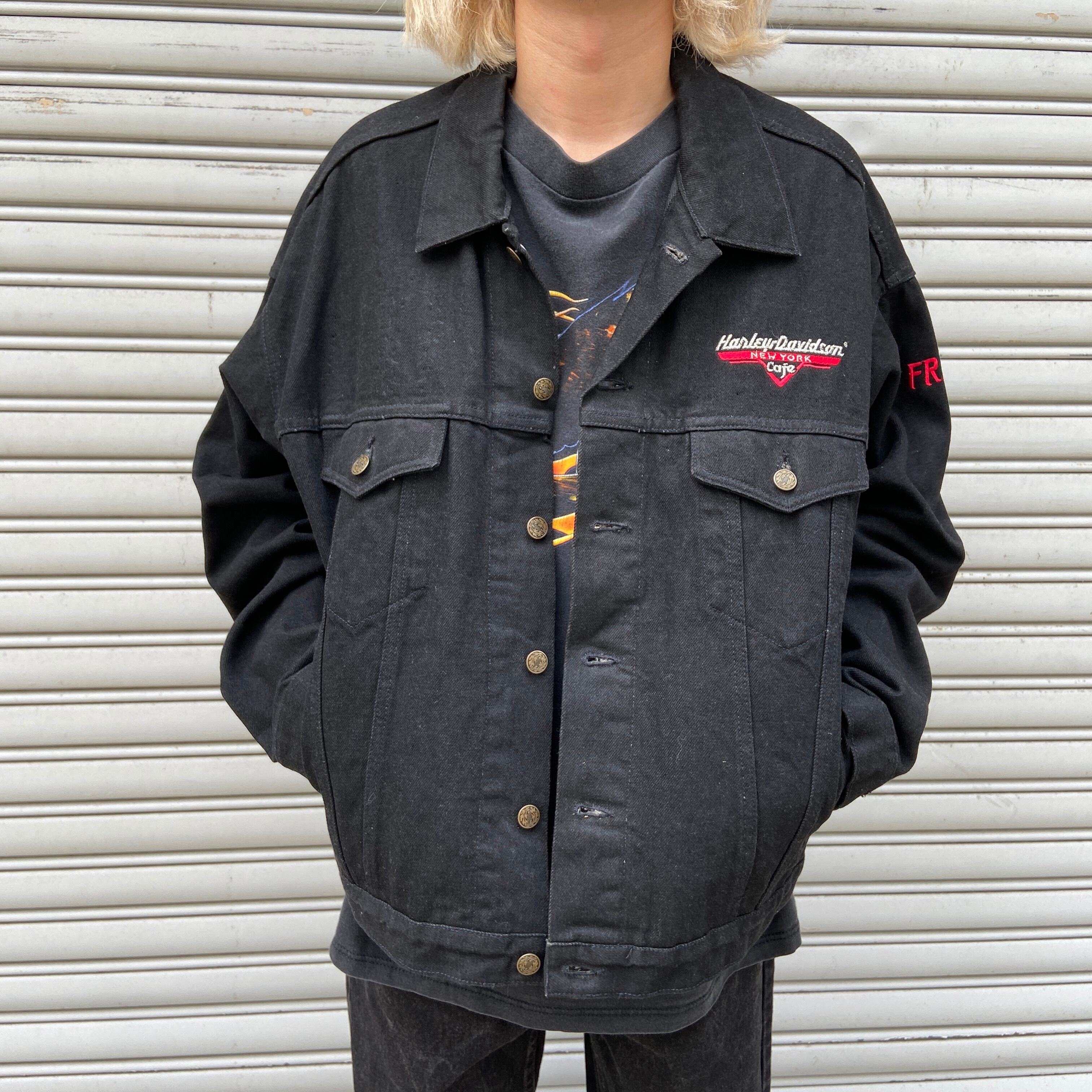 90s ハーレーダビッドソン ブラックデニムGジャン 刺繍ロゴ ビッグ XXL