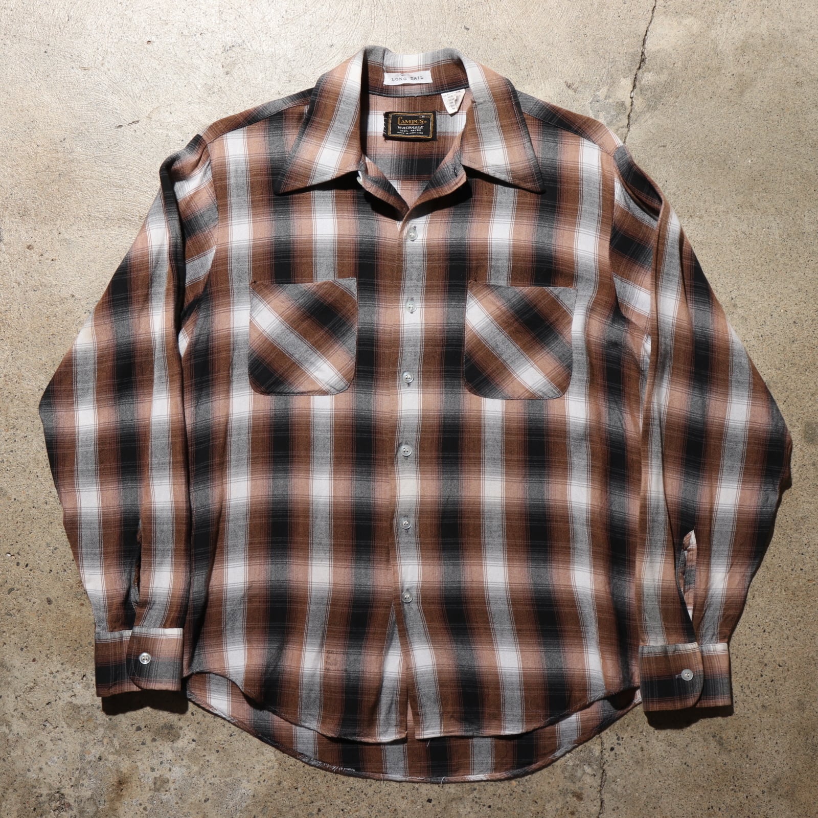 美品 M 70s Campus レーヨン オンブレチェックシャツ キャンパス 茶色