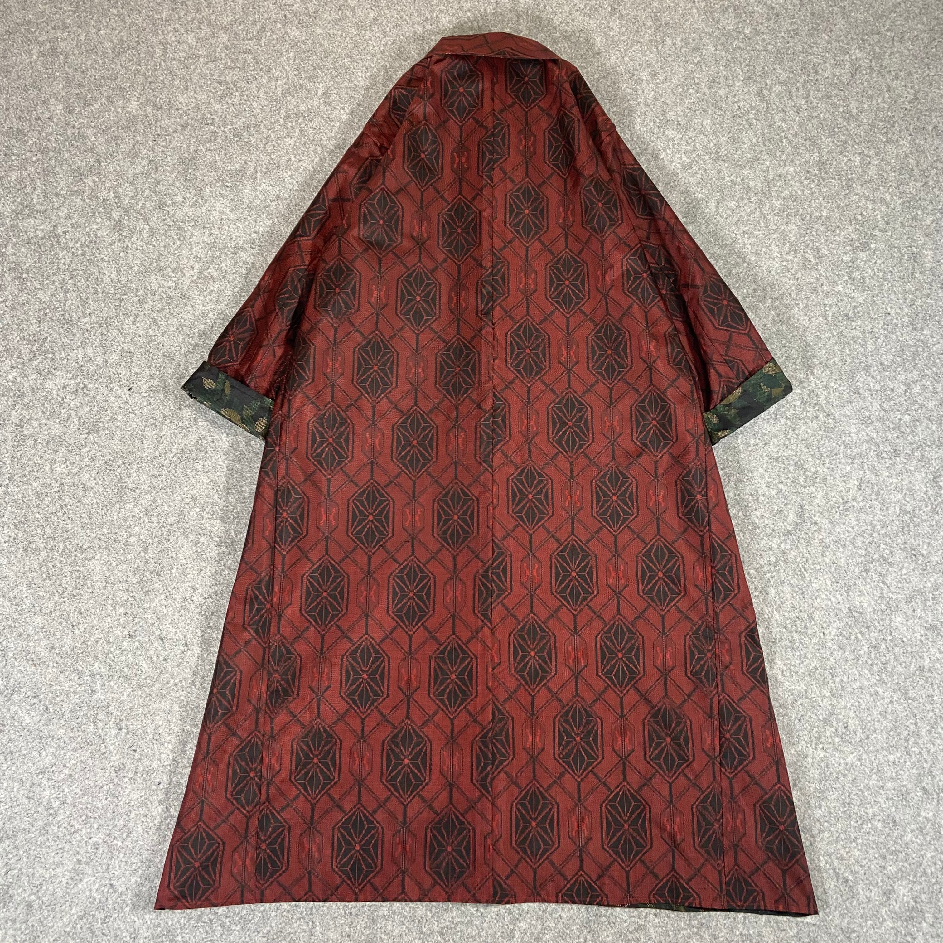大島紬 着物リメイク 草木柄 リバーシブル ロング コート マキシ 古布