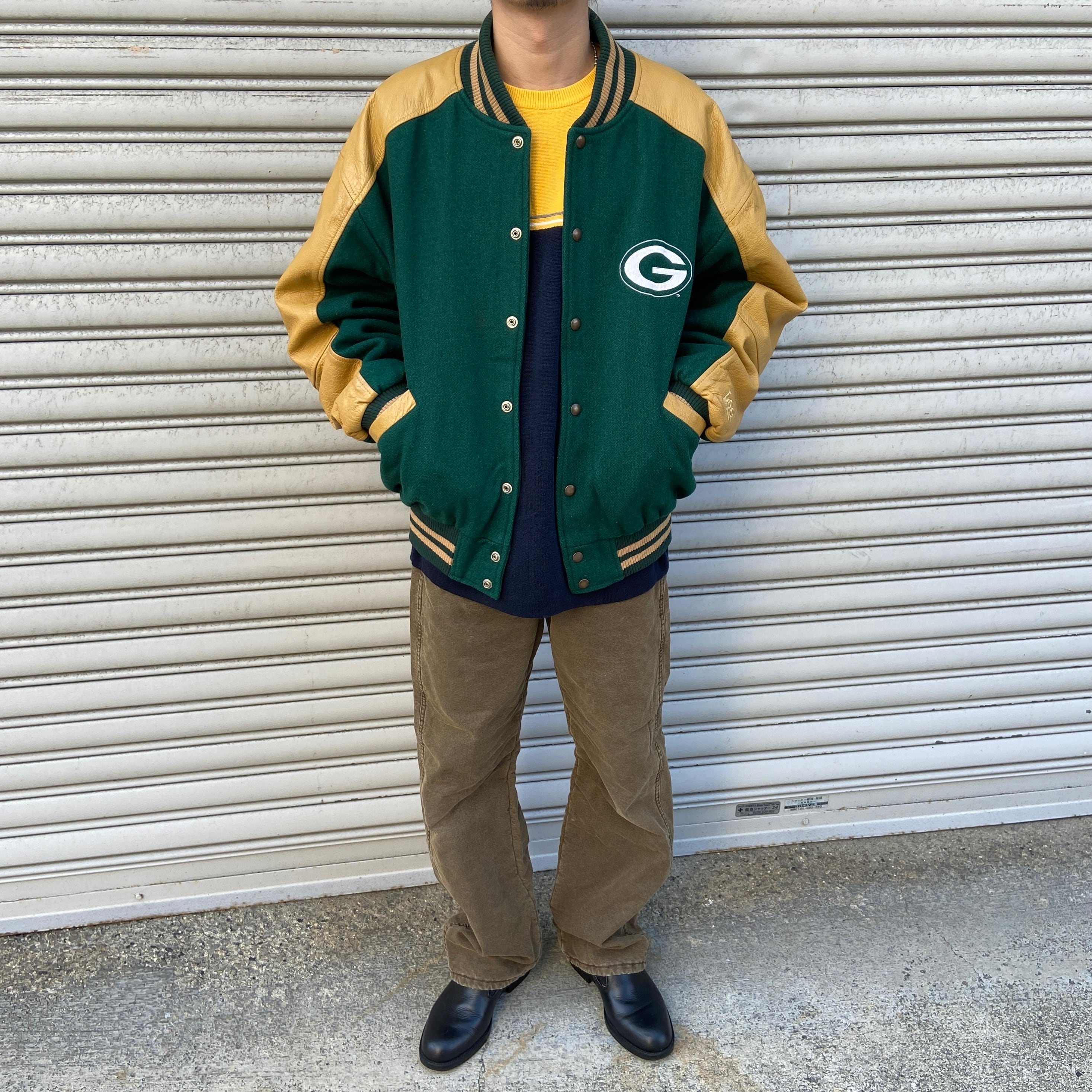 90s LeeSPORT グリーンベイパッカーズ レザー切替スタジャン 緑 L