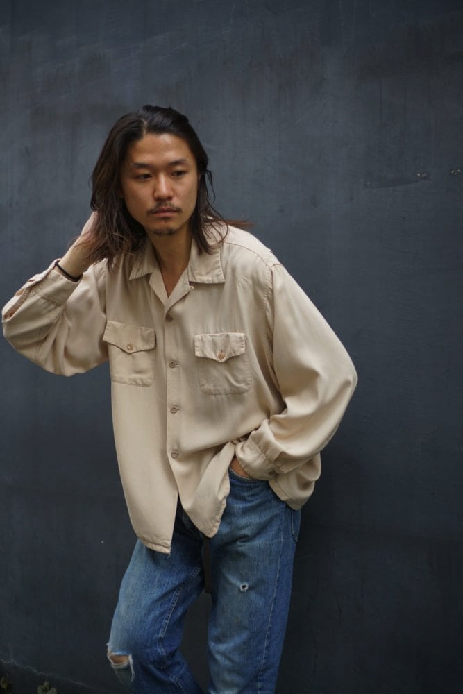 Long Wear] Vintage Rayon Gabardine Open Collar Shirt [1950s