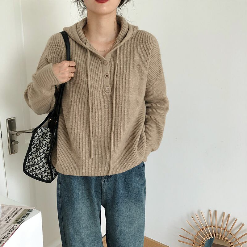 tops】目立つ！カジュアルフード付きニットセーター6色質感のいい